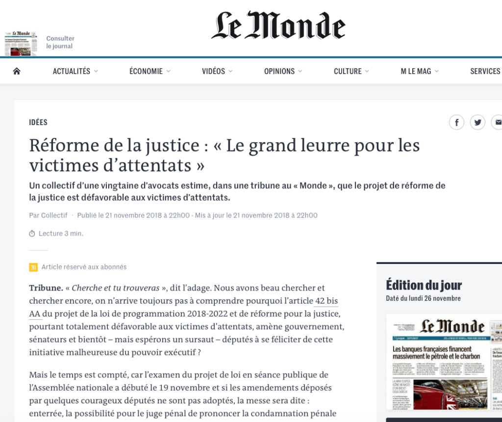 Article publié dans Le Monde auquel s'associent les Maîtres Boyer et Renelier quant à la réforme de la Justice