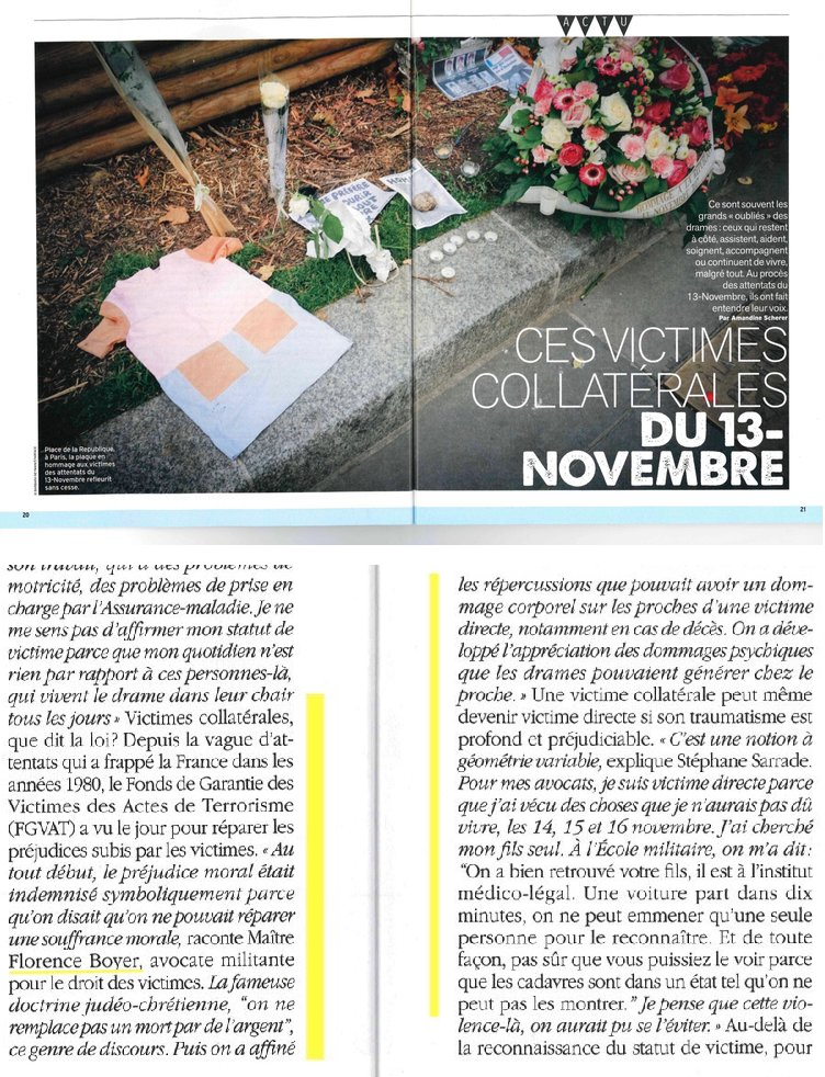 Extraits du dernier magazine de Sophie Davant dédié aux proches des victimes des attentats du 13 novembre 2015 faisant également mention de Florence Boyer, avocat associée du cabinet A'CORP, spécialisé en droit du dommage corporel.